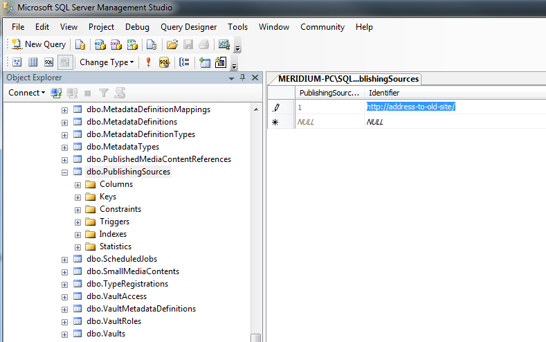 Management studio view of the Publishing Sources table